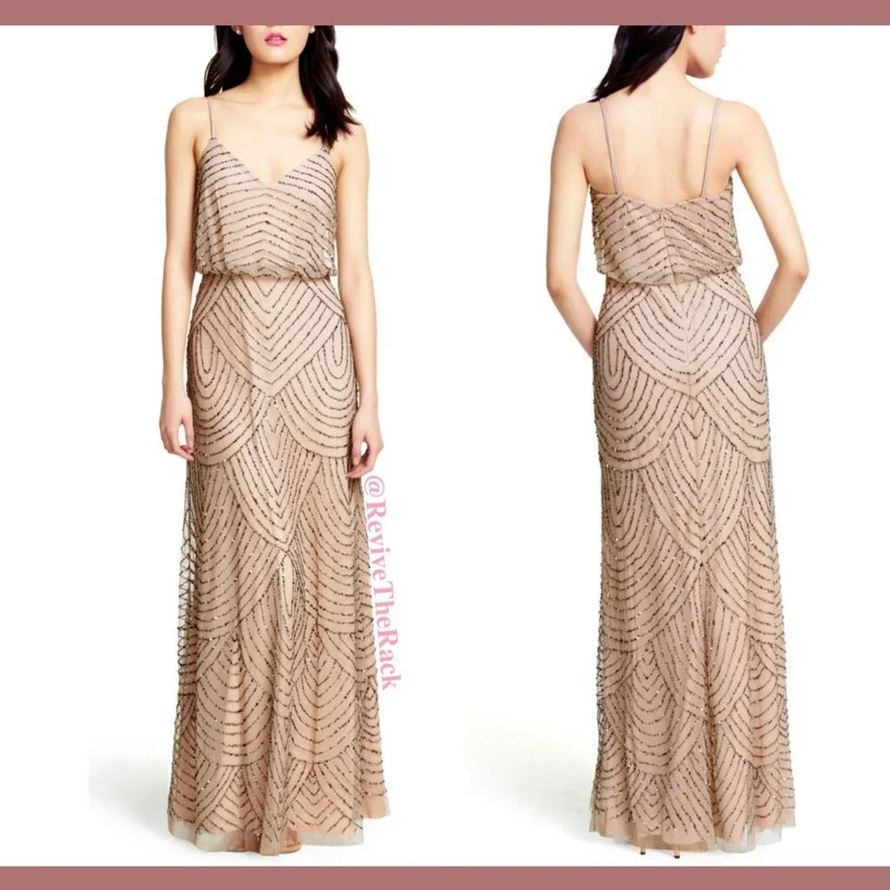 NEW $260 Adrianna Papell Art Deco‎ Beaded Blouson Gown in Taupe Pink [SZ 12P ]